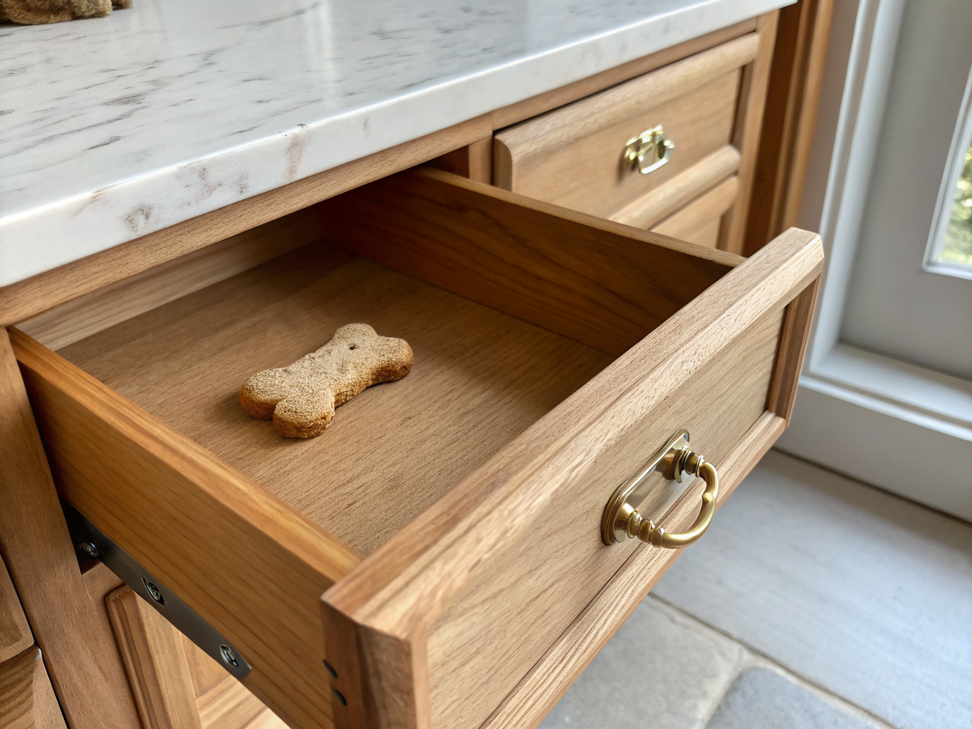 Natural dog treats and chews organized in a clean pantry setting