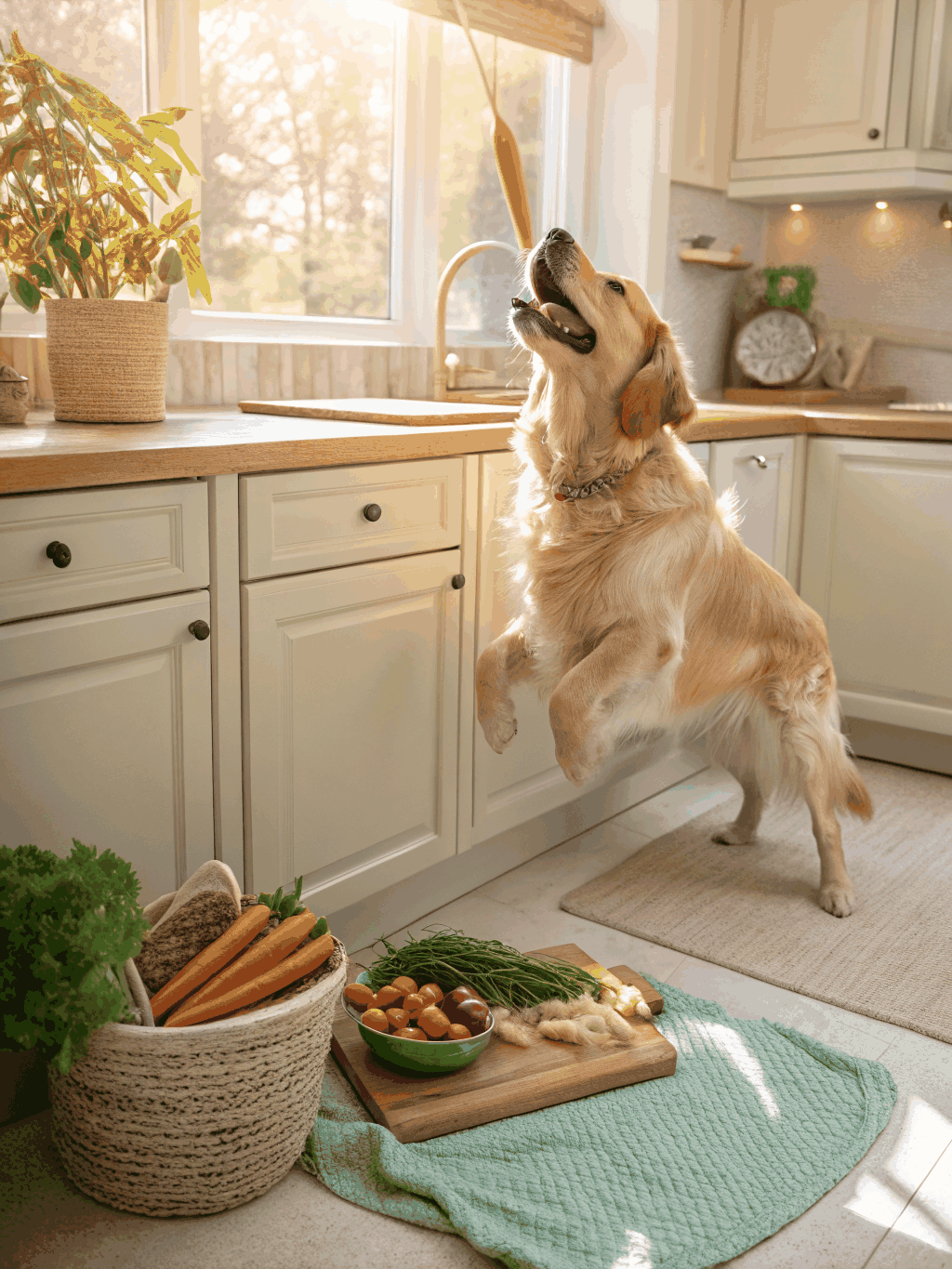 Happy dog enjoying a natural treat in a sunlit kitchen